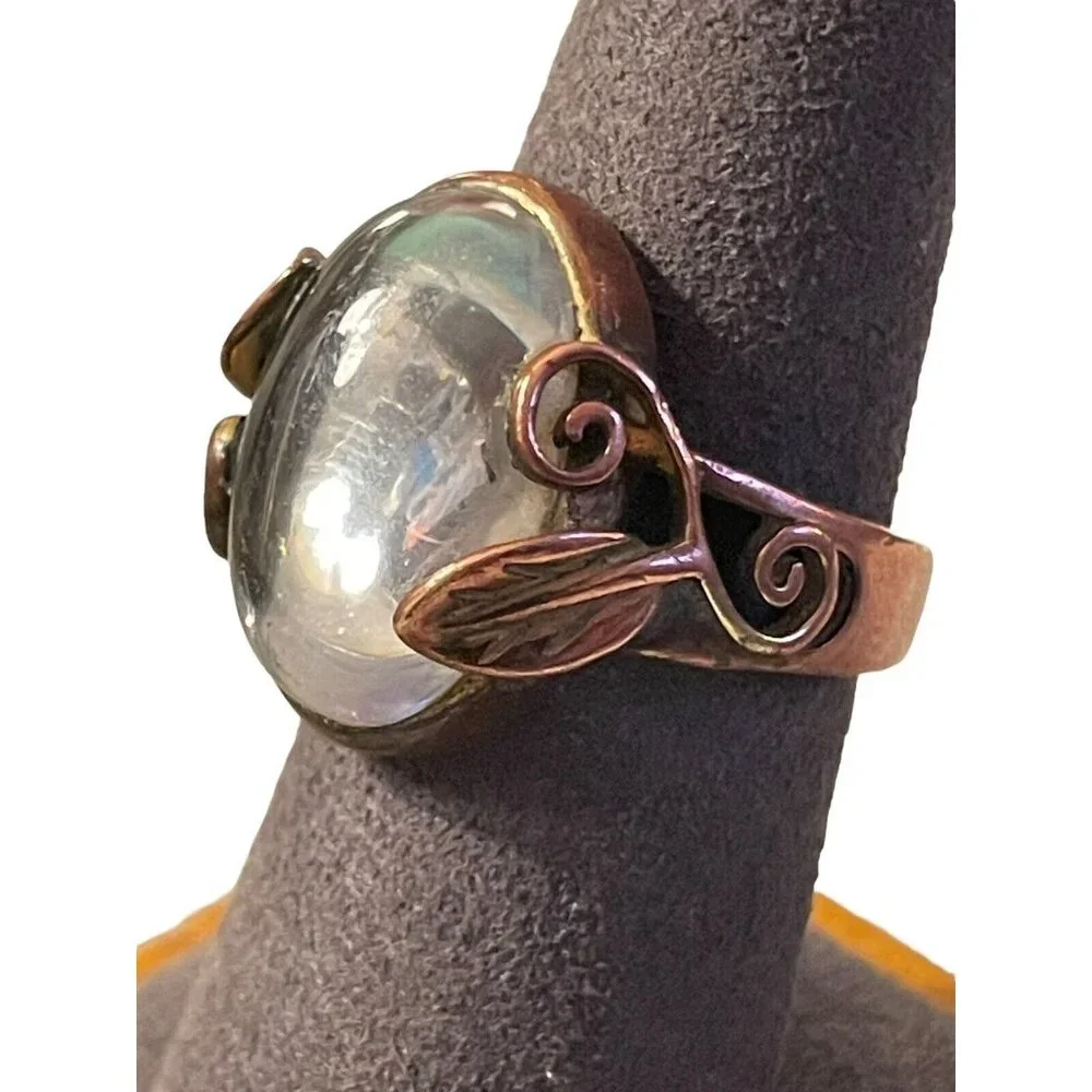 VTG Cabochon Clear Glass Filigree Floral Brass Ring Oval Gypsy Orb MCM Size 7
